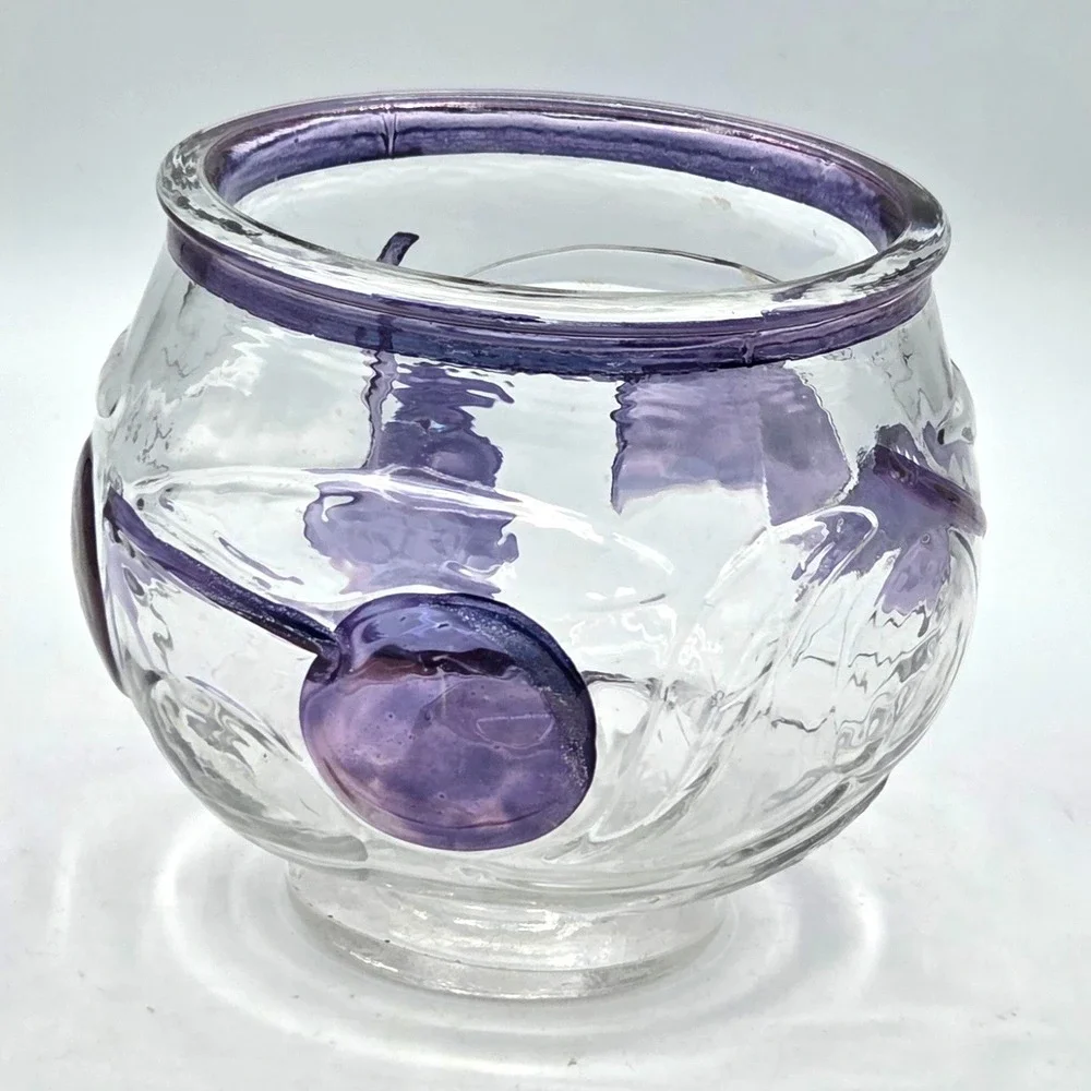 RETRO Art Glass‎ Candle Holder Or Bowl Purple and Clear Raised Design
